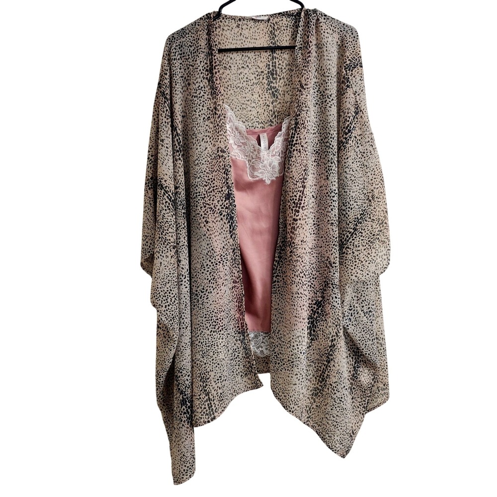 Cacique 1X Pink Satin Lace Cami Geeyee Oversized Leopard Kimono 2pc Set
